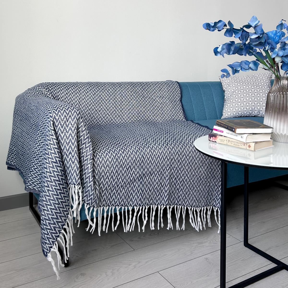 Плед WENGE CONCEPT Marta с бахромой белый/синий