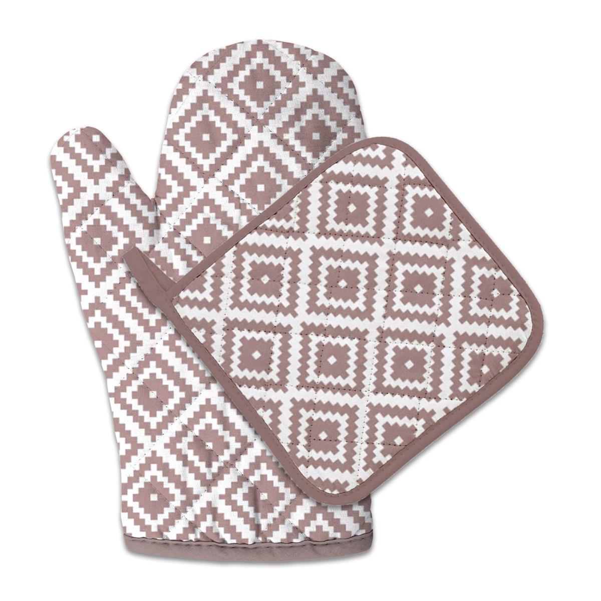 Комплект кухонный (прихватка, рукавица) рогожка Fine Line 62077-3 Ромбы бежево-белые