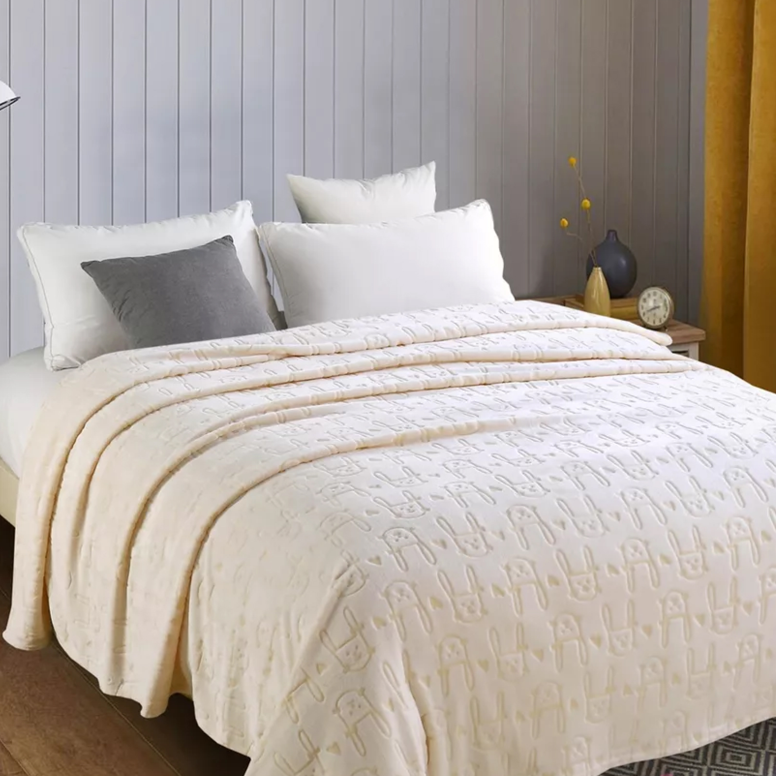 Плед велсофт Все ДOMA/Vse DOMA Зайцы, цвет лимонный, стрижка, ролик