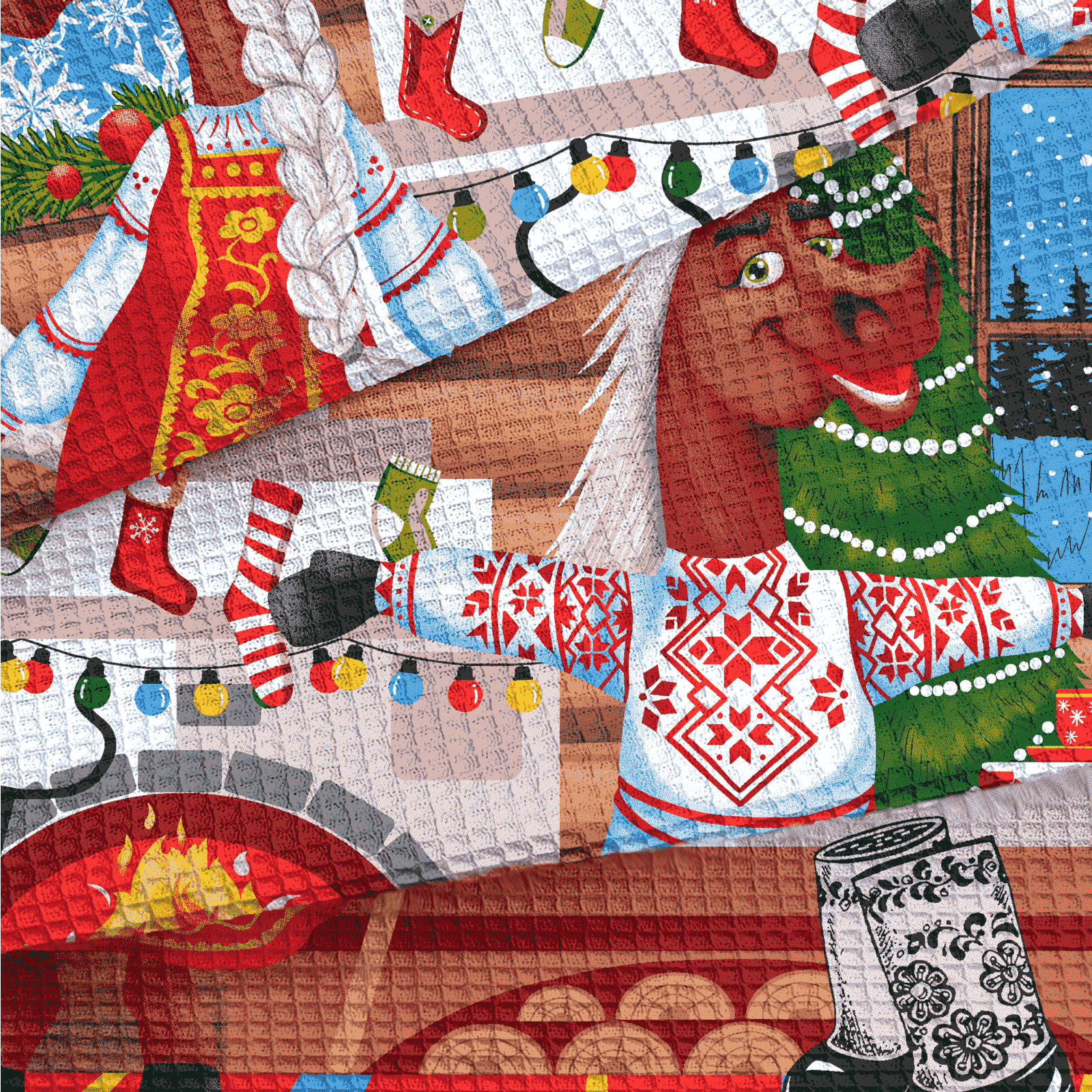 Полотно вафельное 150 см наб 29398-1 Веселые лошадки