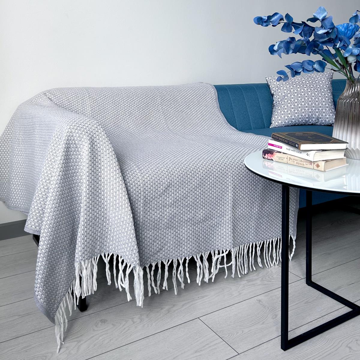 Плед смесовой Все ДOMA/Vse DOMA Sofia с бахромой белый/дымчатый